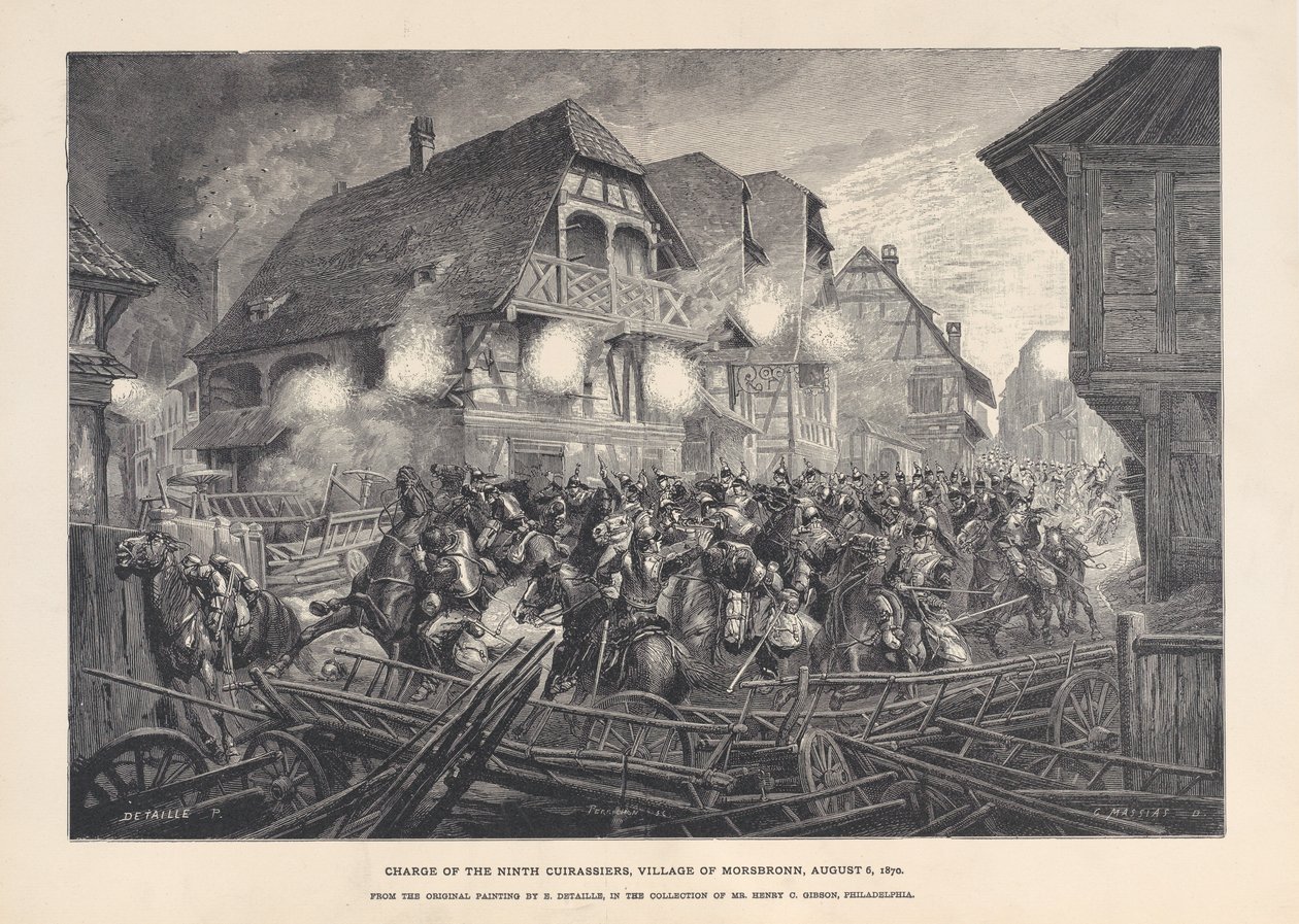 Anklagelse för nionde kuirassier, byn Morsbronn, 6 augusti 1870, 1874-1900. av Georges Léon Alfred Perrichon