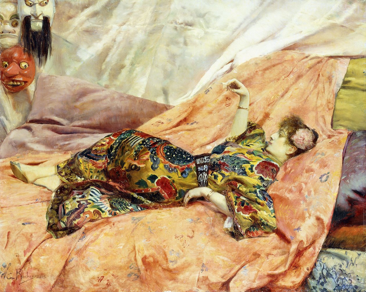 Ett porträtt av Sarah Bernhardt, liggande i en Chinois interiör, av Georges Marie Rochegrosse