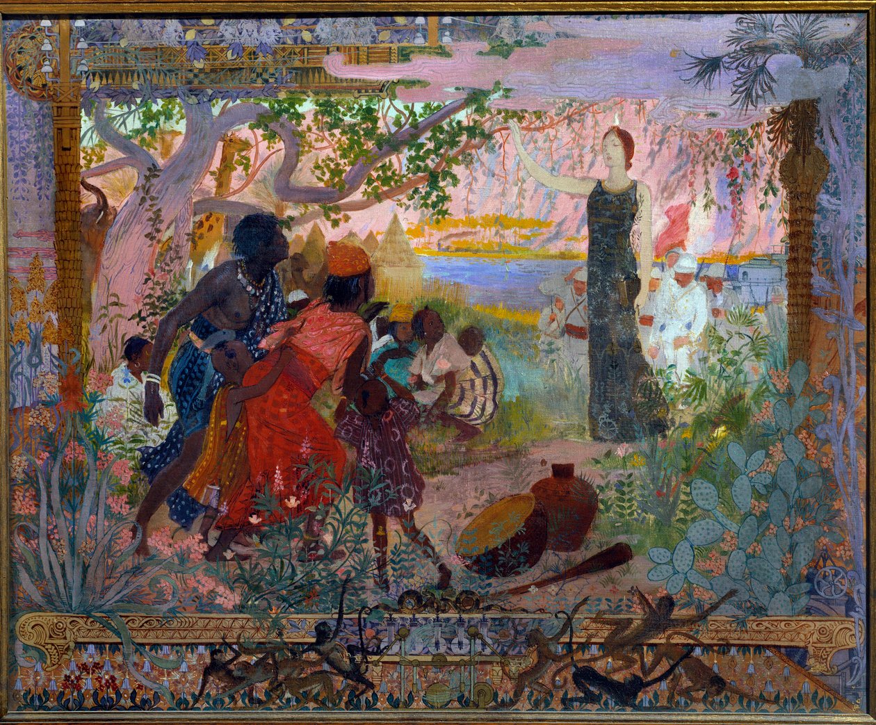 Akademisk konst eller brandman: "The conquete of Africa"" Allegori om kolonialism som representerar en ung vit kvinna som högtidligt avancerar mot rädda afrikanska familjer. Målning av Georges Antoine Rochegrosse (1859-1938) 1900 Paris, Musée du Luxembourg av Georges Marie Rochegrosse