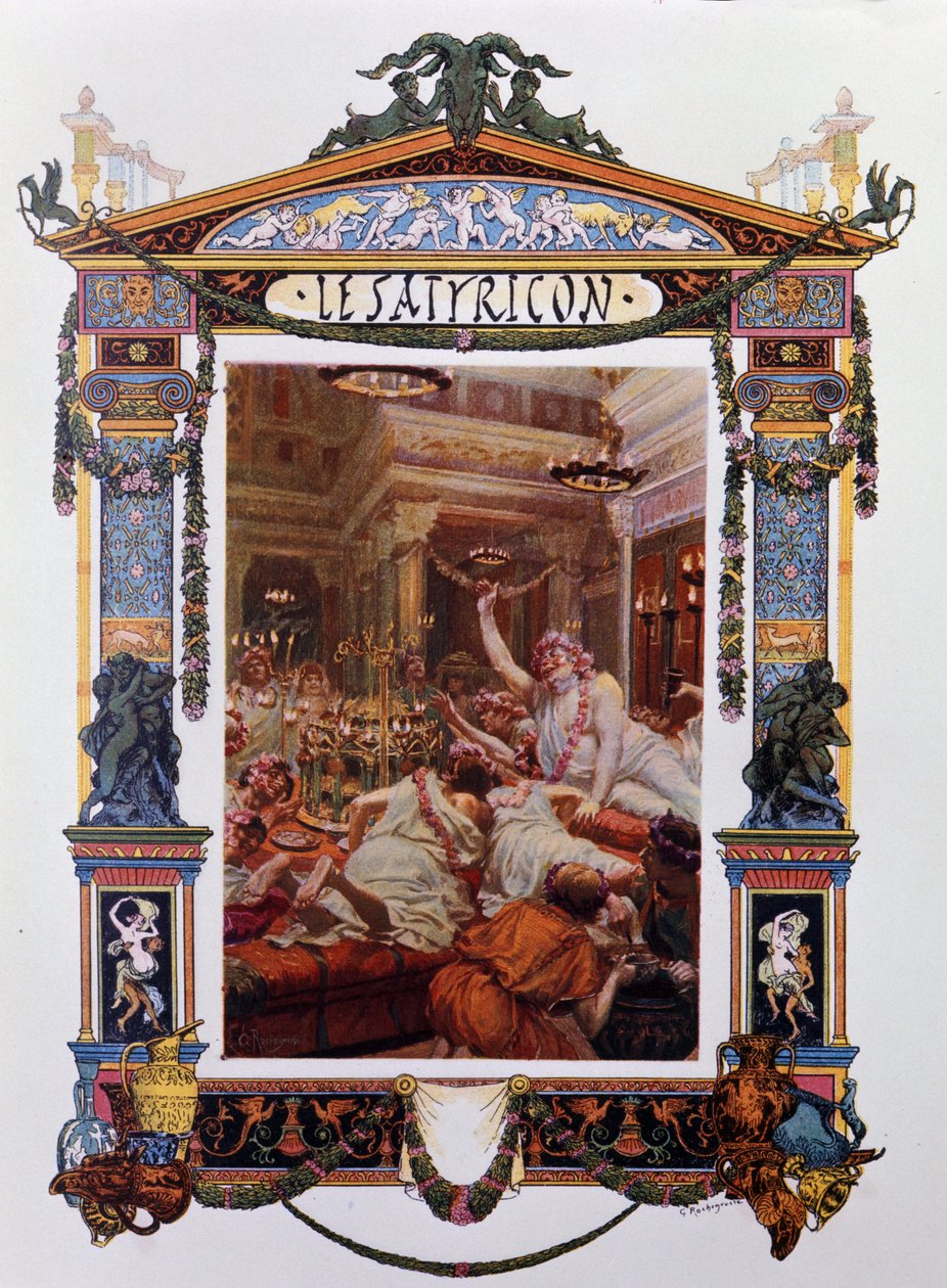 Frontispice av Petrones verk (Petronio Arbitro) (Petronius Arbiter): The Satyricon (satiricon). Illustration av Georges-Antoine Rochegrosse (1859-1938) från 1902. Milanese . av Georges Marie Rochegrosse