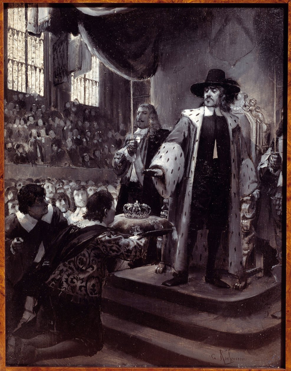 Olivier Cromwell (1599-1658) vägrade kronan. Republiken Storbritanniens Lord Protector föreslogs kronan av Humble Petition och Avis (New Parliament) 1658. Grisaille på trä av Georges Antoine Rochegrosse (1859-1938) 1800-talet . av Georges Marie Rochegrosse
