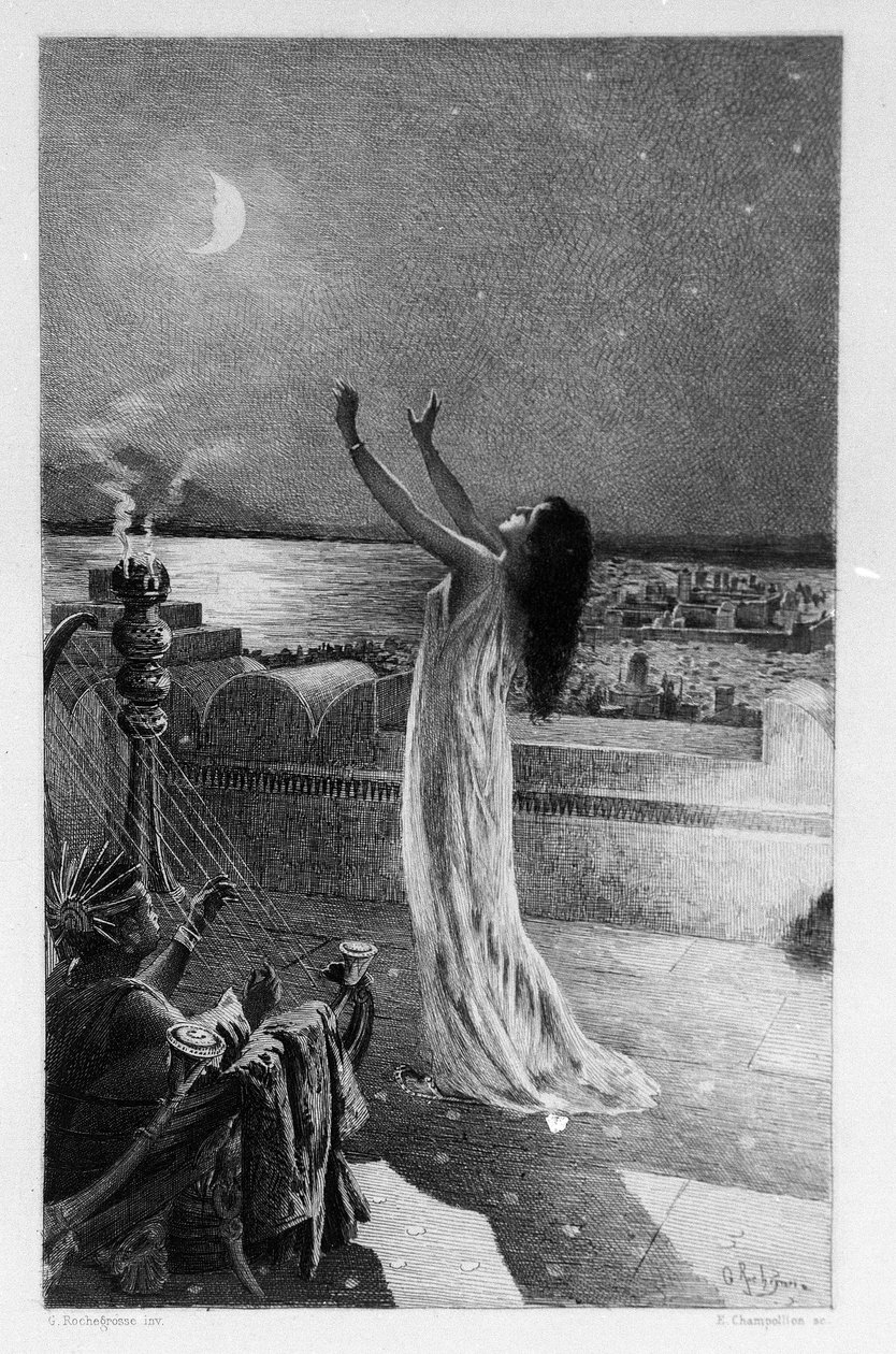 Salammbo, dotter till Hamilcar Barca (eller Barcas), ber Tanit, månens gudinna Illustration av Georges Antoine Rochegrosse (1859-1938) för romanen "Salammbo" av Gustave Flaubert, och tar som ram legosoldatskriget vid tiden för Första punikern av Georges Marie Rochegrosse
