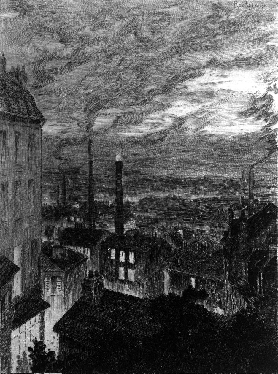 Vy över Paris illustration av "" parisiska målningar "" av Charles Baudelaire av Georges Marie Rochegrosse