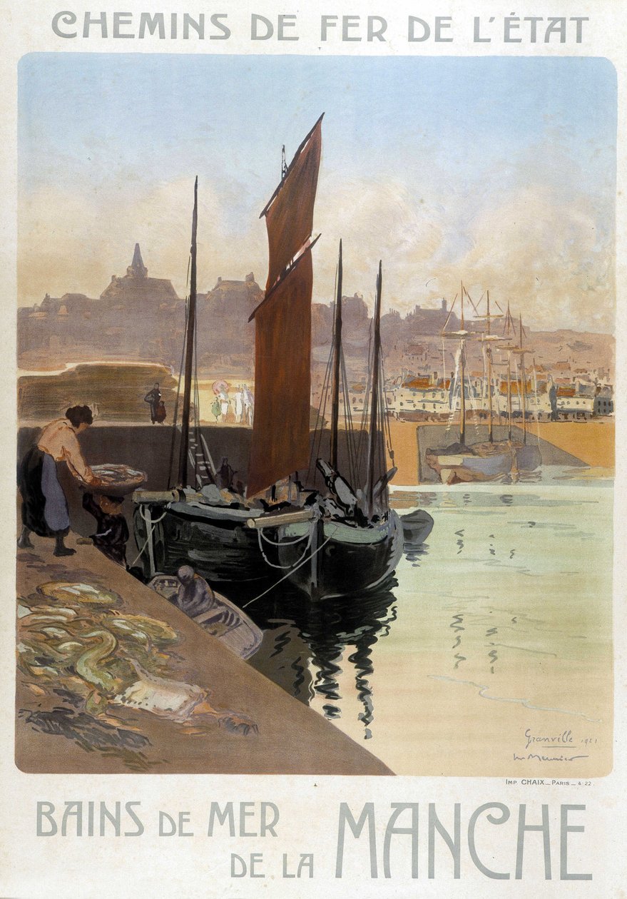 Les bains de mer de la Manche (Utsikt över hamnen i Granville) - Affisch för statens järnvägar, av Meunier av Georges Meunier