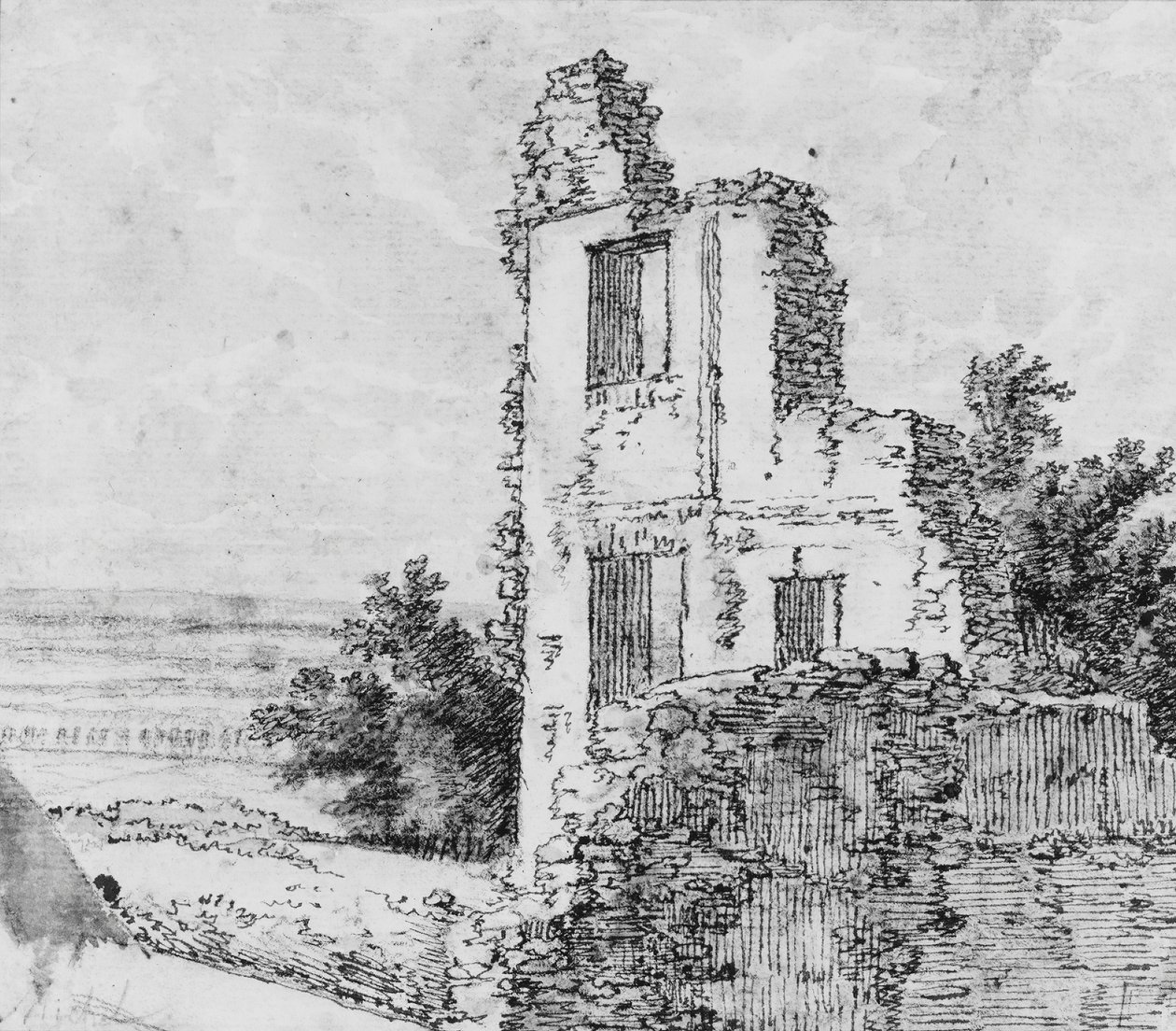 An Allée of Trees in a Park recto, The Ruins of a Building on a Hill verso, n.d.. av Georges Michel