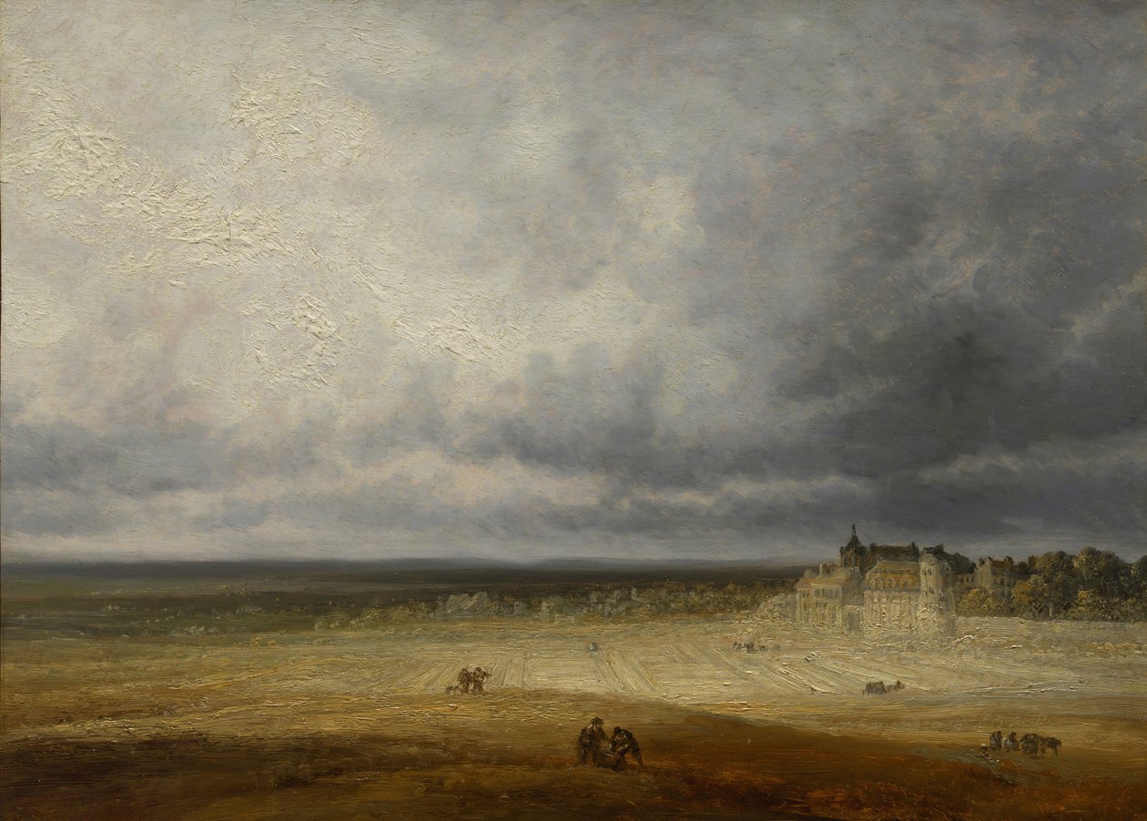 Landskap med plöjt fält och by, troligen efter 1827. av Georges Michel