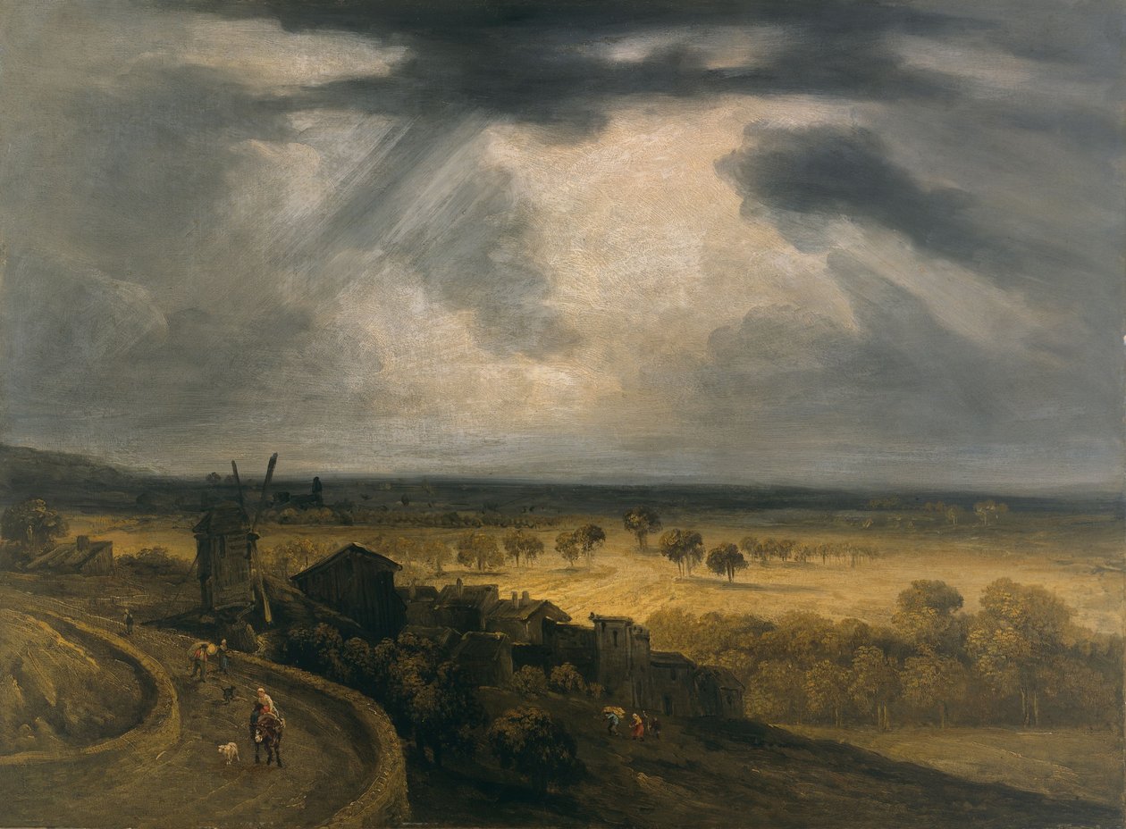 Montmartre-landskap med väderkvarn, ca 1810-20 (olja på papper på hård kartong på duk) av Georges Michel