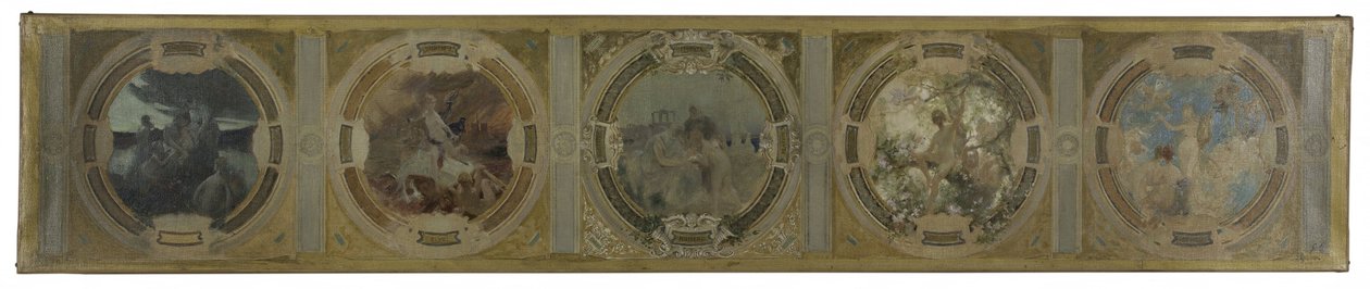 Skiss för Lobau-galleriet i Paris stadshus: Paris födelse. Kampen. Filosofi och antik litteratur. På våren. Litteratur, år 1890 (olja på duk) av Georges Picard