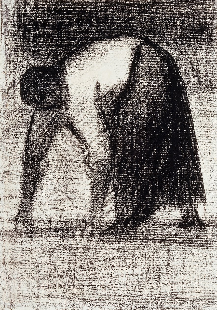 En bondkvinna med händerna i marken; Paysanne les Mains au Sol, ca 1882 av Georges Pierre Seurat