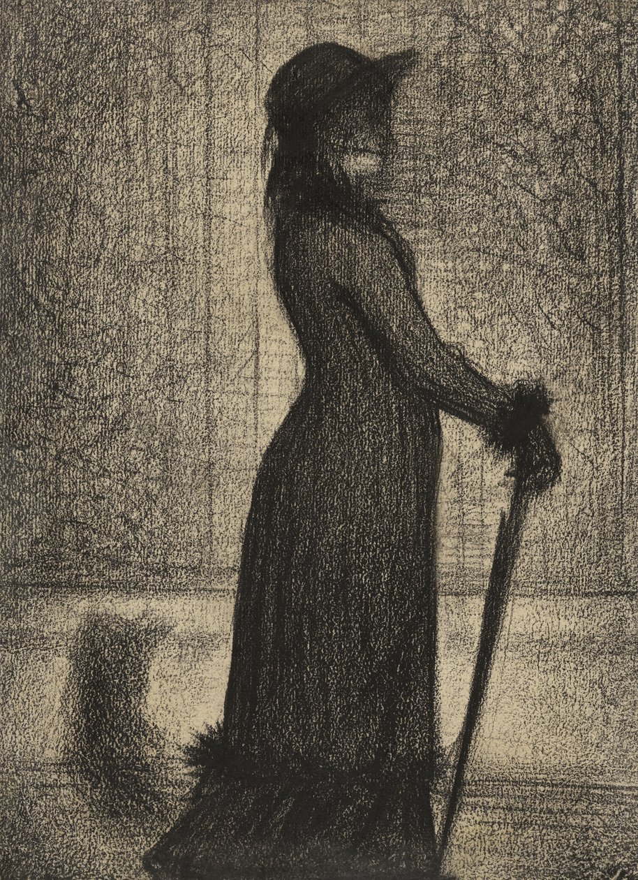Une Elegante, Kvinnan som promenerar, ca 1884 (Conte-krita på michalettpapper) av Georges Pierre Seurat