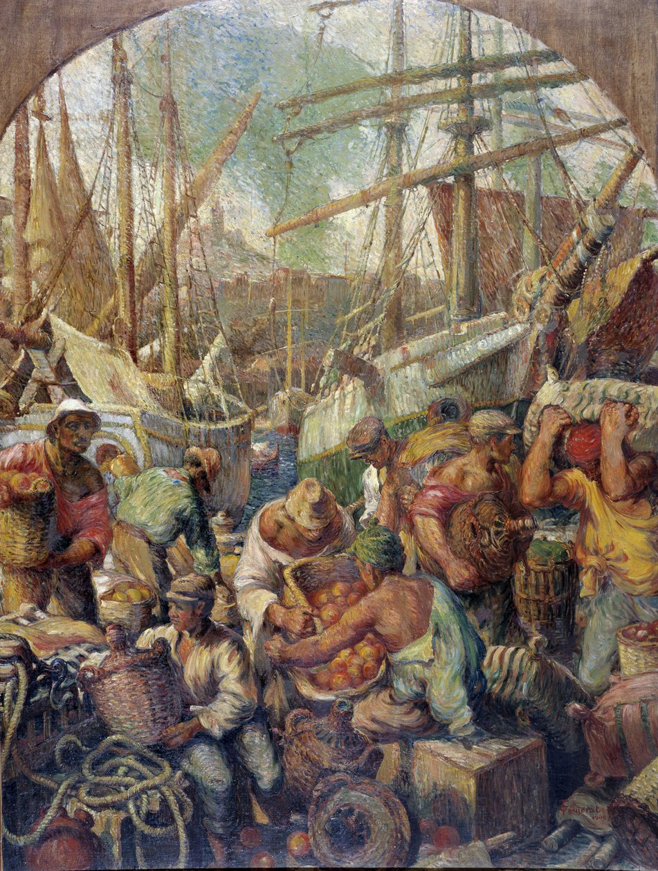 Lossningen av varor Målning av Georges Pomerat (19-1900-talet) 1900-talet Obligatoriskt omnämnande: Samlingsstiftelsens hälsningar från Provence, Marseille av Georges Pomerat