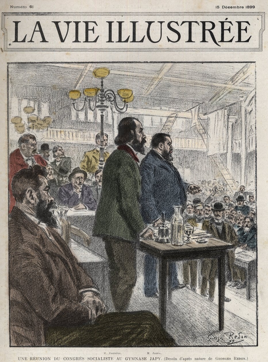 Generalkongressen för socialistiska organisationer, som hölls i Paris i december 1899, på Gymnasium Japy - Jean Jaures (1859-1914) och Eugene Fournier (1857-1914) teckning av Georges Redon - la vie illustree de 1899 av Georges Redon