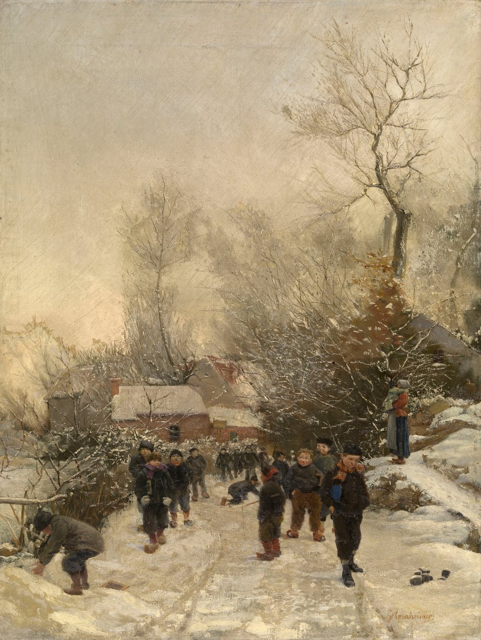 By med barn i snön (olja på duk) av Georges Reinheimer