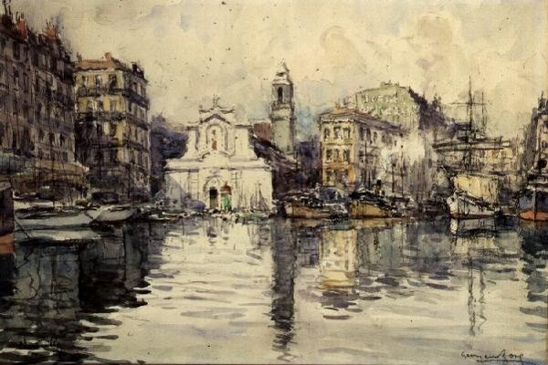 Hamnen, Marseille (akvarell) av Georges Rose