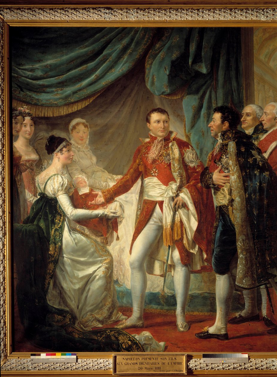 Kejsar Napoleon I presenterar sin son, kungen av Rom, för imperiets dignitärer den 20/03/1811 i närvaro av den imponerande Marie Louises målning av Georges Rouget (1784-1869) 1812 Sön. 2,60 x 2,20 m - Presentationen av kungen av Rom -Napoleon av Georges Rouget