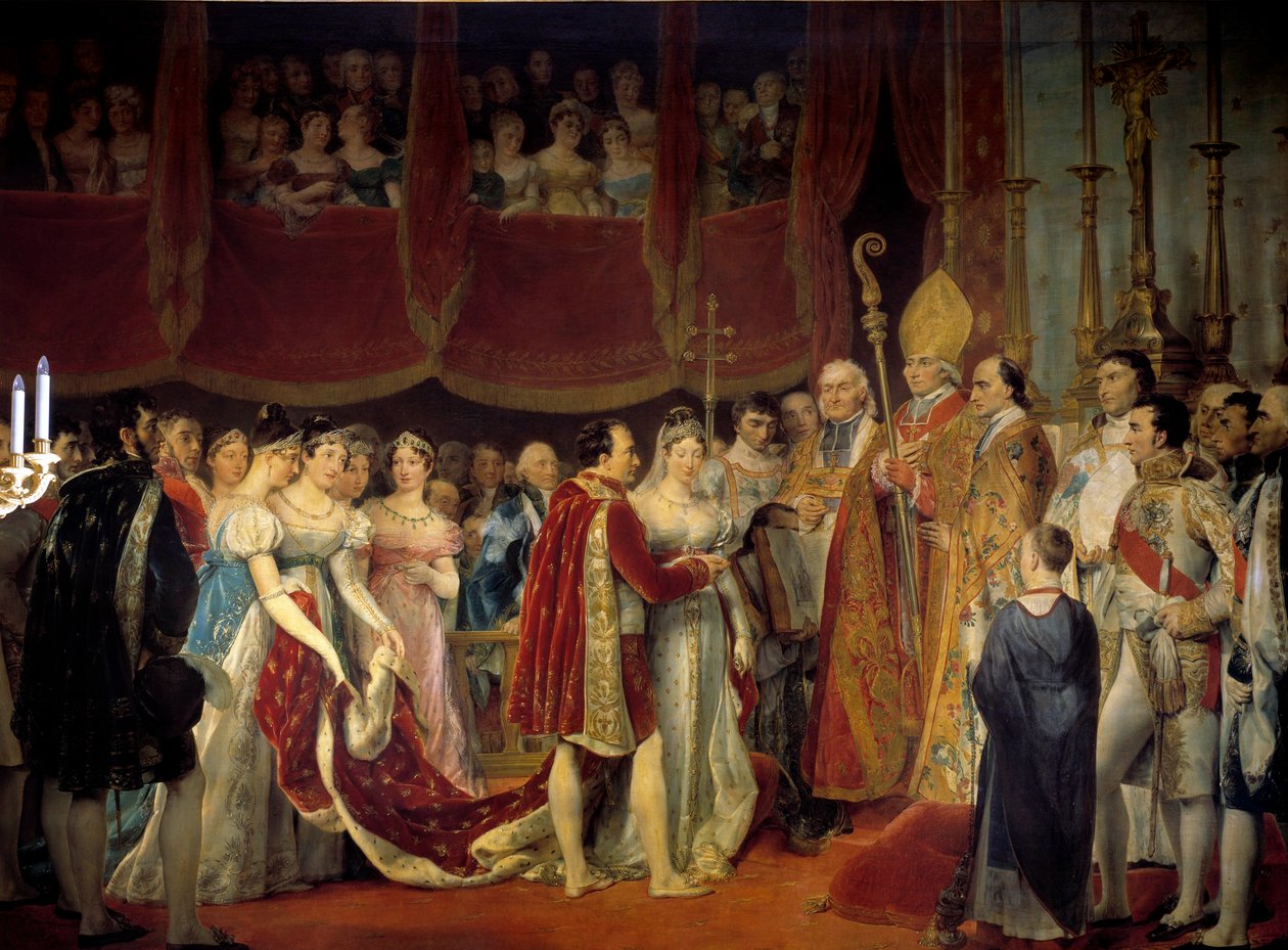 Napoleon I:s (1769-1821) religiösa äktenskap med ärkehertiginnan Marie Louise av Habsburg-Lorraine (1791-1847), 1810-04-02 i Salon carre du Louvren Målning av Georges Rouget (1783-1869) 1800-talet sön. 3,67x4,94 m. - Napoleon I:s religiösa äktenskap (17 av Georges Rouget