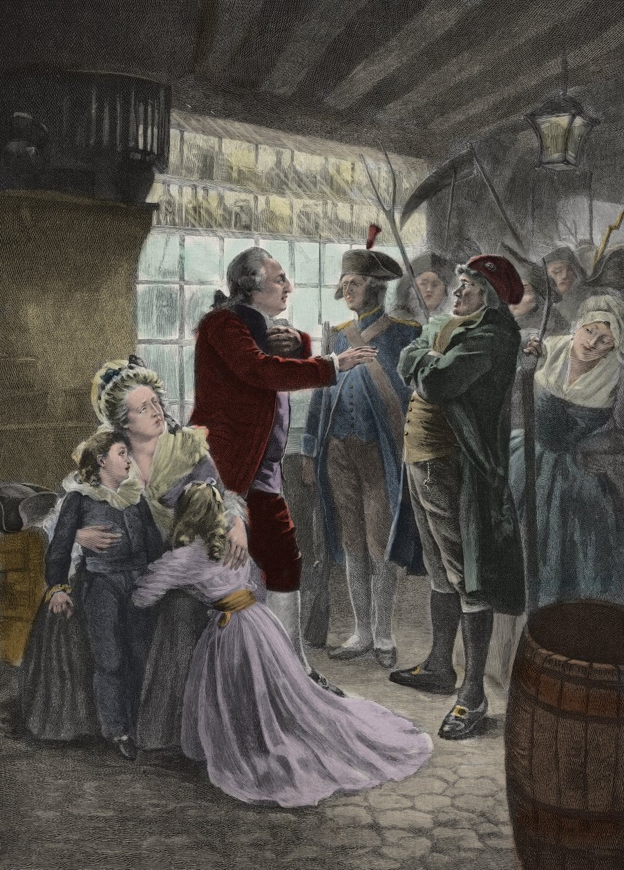 Franska revolutionen: 21 juni 1791 Kungafamiljen (Louis XVI, kung av Frankrike, drottning Marie Antoinette och deras två barn, Madame Elisabeth, kungens syster och guvernant för barnen) fångades i värdshuset i Varennes (Varennes-en-Argonne) under th av Georges Roussin