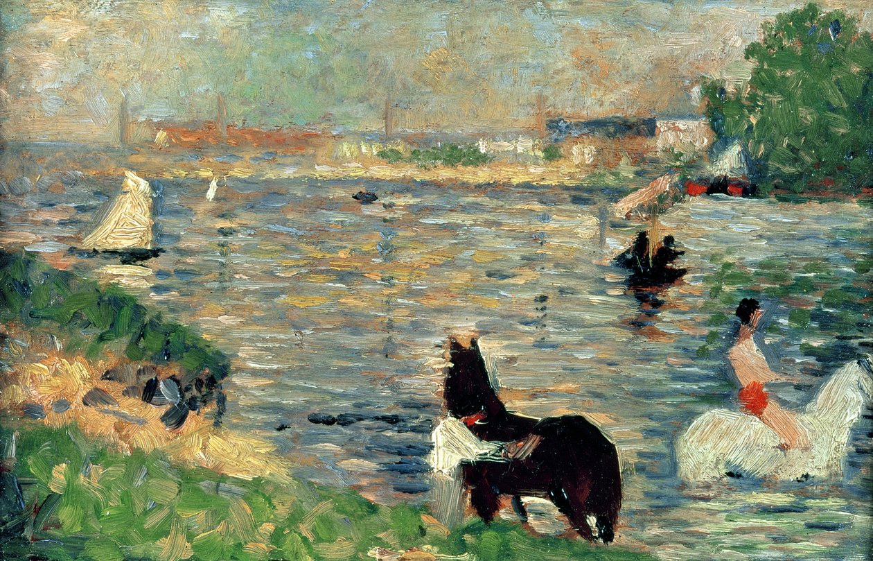 Horses in a River, ca 1883 (panel) (studie för Baignade) av Georges Seurat