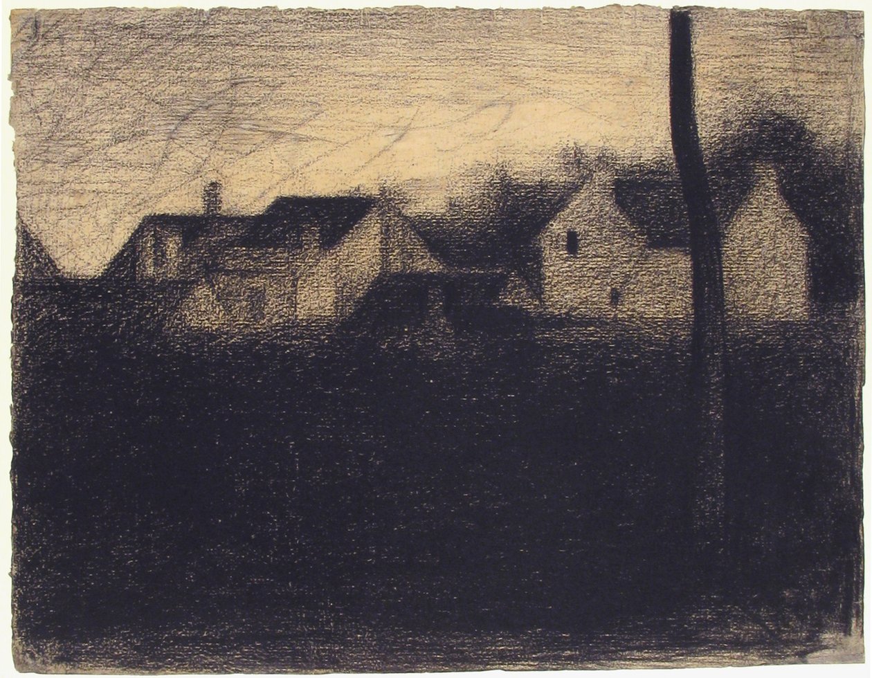Landskap med hus, 1882-83 (conté krita) av Georges Seurat