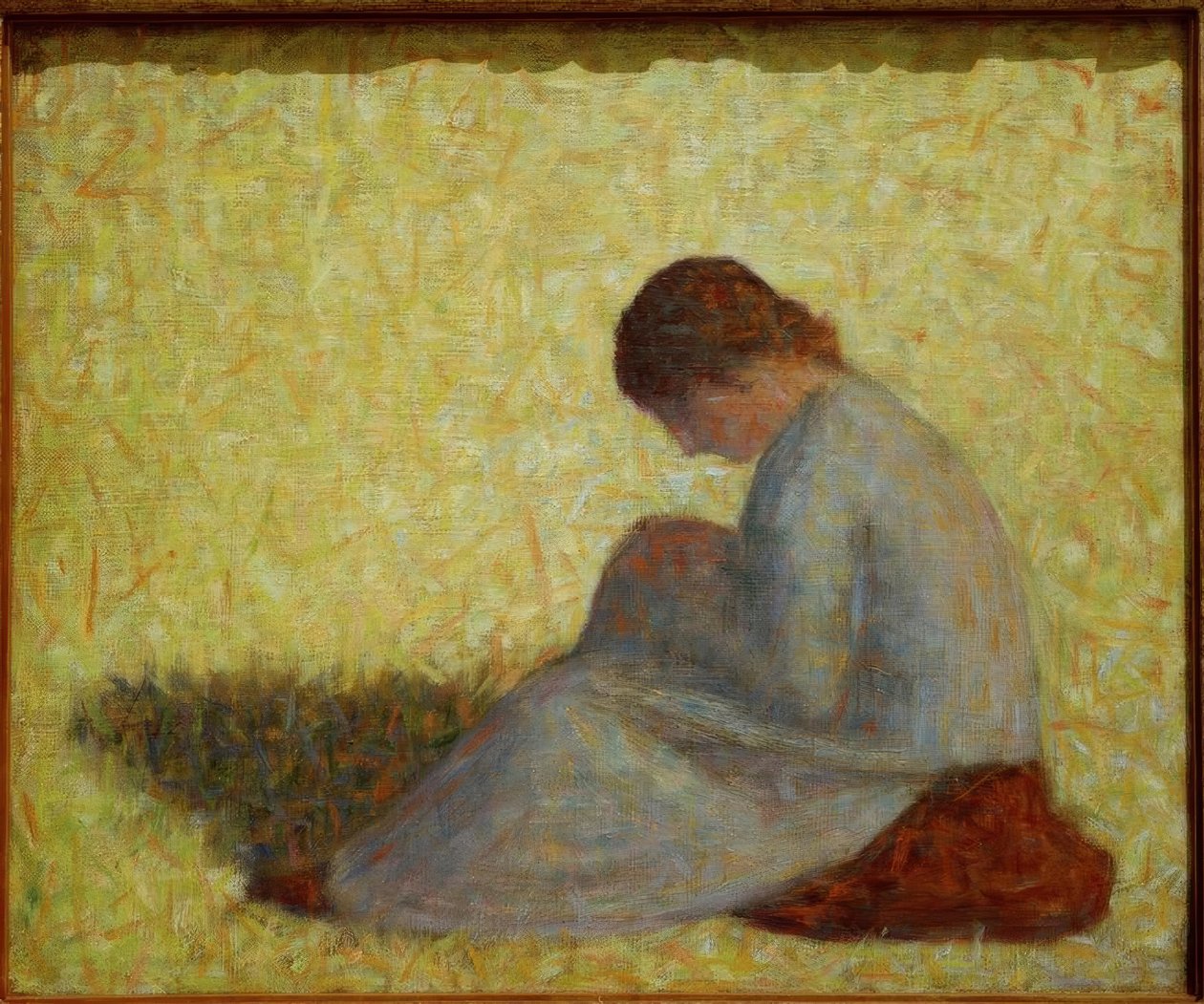 Bondekvinna som sitter i gräset av Georges Seurat