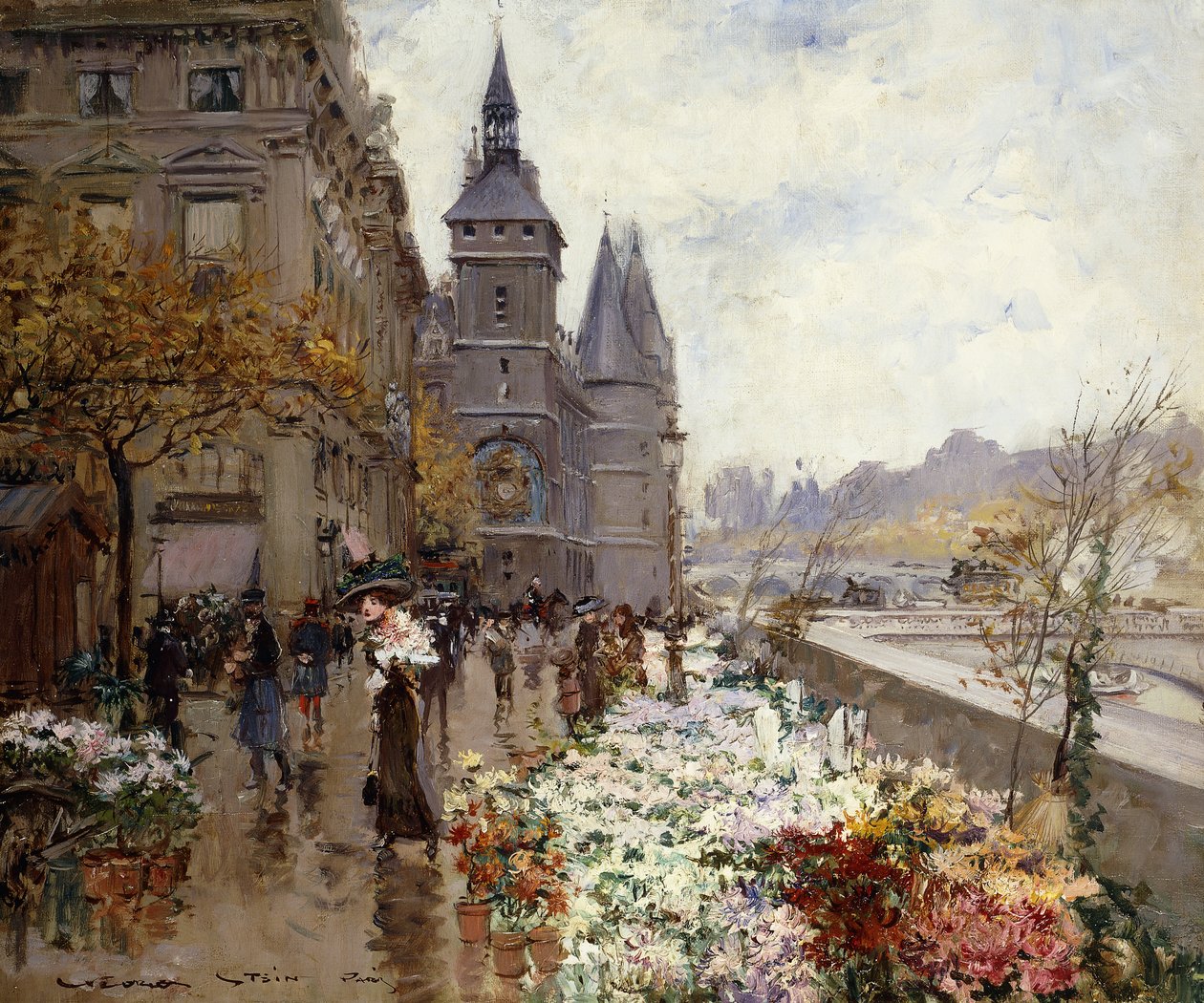 En blomstermarknad längs Seine, av Georges Stein
