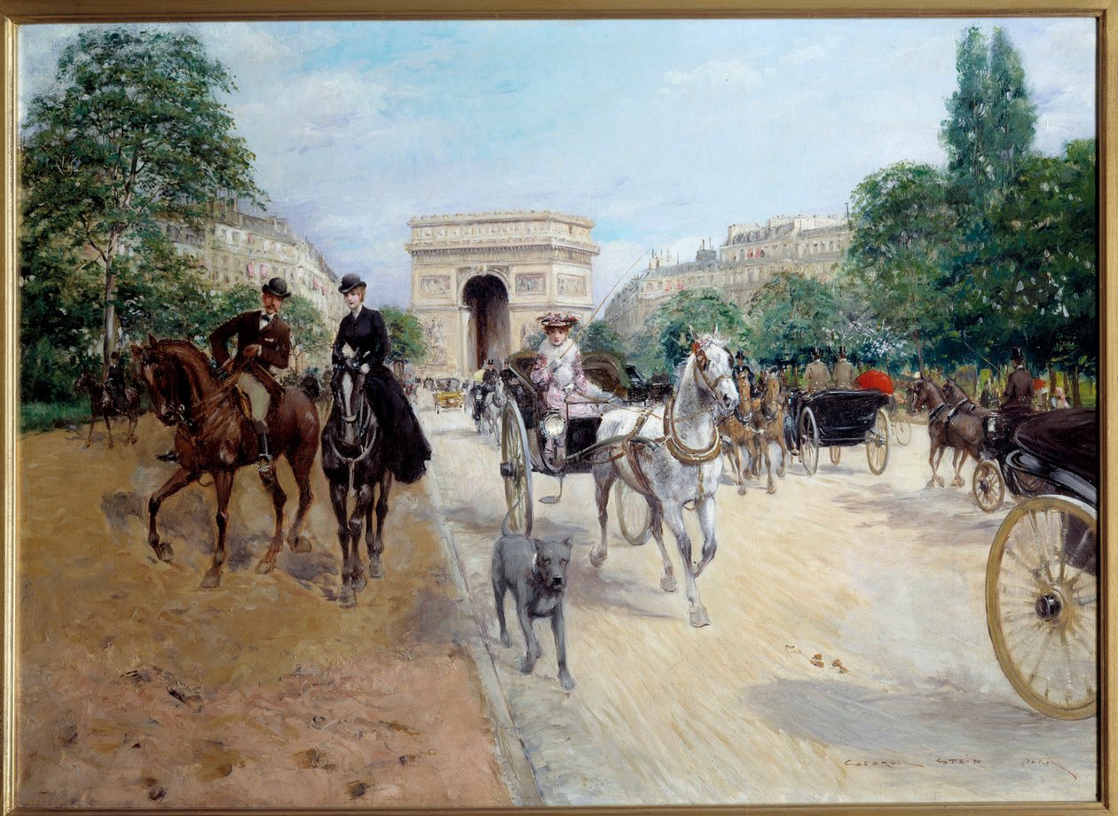 Ryttare och kopplare på avenue du bois i Paris Au fond l