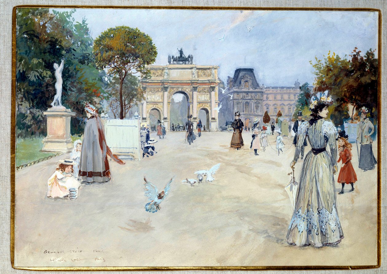 Utsikt över Tuilerierna i Paris Trädgården var en av de parisiska platserna för promenader av eleganta. Gouache av Georges Stein (1870-?) DR privatsamling från 1900-talet av Georges Stein