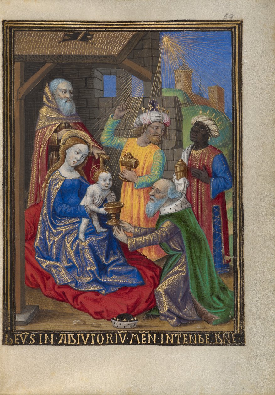 The Adoration of the Magi from a Book of Hours Ms. 48 fol. 59, c.1480-90 (tempera, bladguld och bläck på pergament) av Georges Trubert