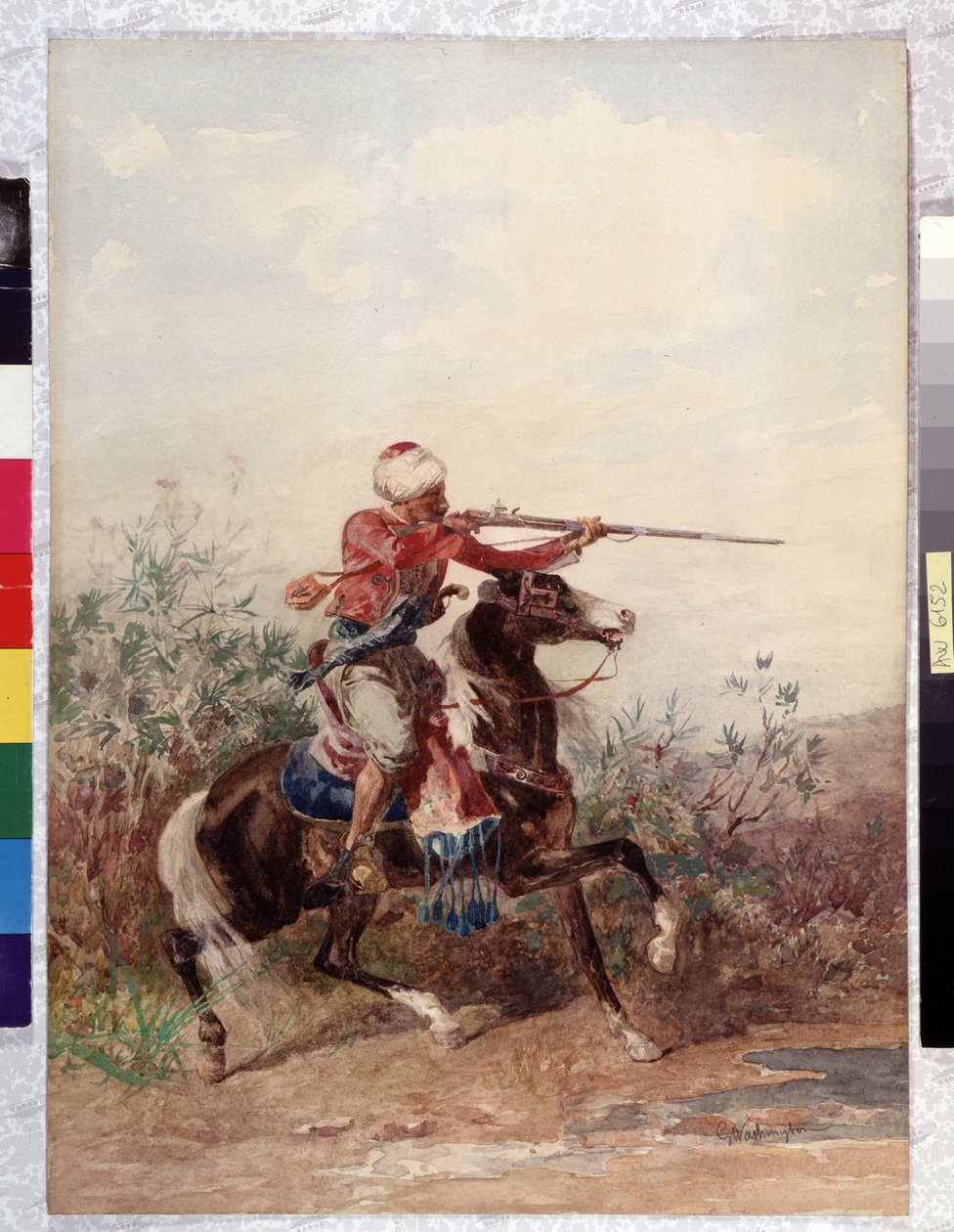 Orientalism: "" Ryttare drar en häst"" Målning av Georges Washington (1827-1910) Obligatoriskt omnämnande: Collection fondation regards de Provence, Marseille av Georges Washington