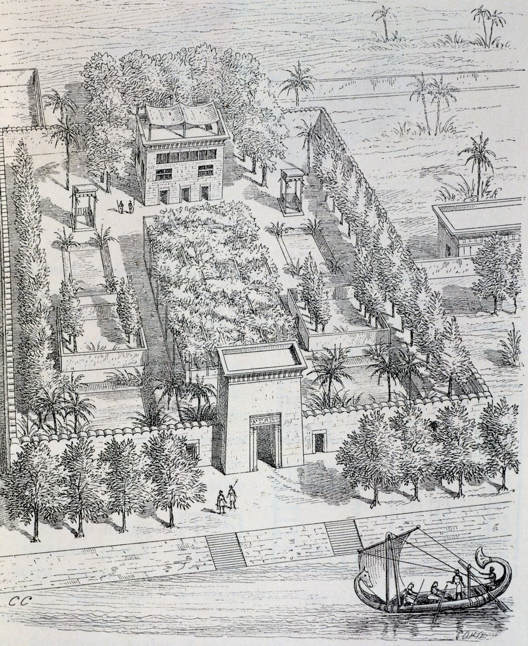Utsikt över egyptisk villa längs Nilen, rekonstruktion av Chipiez, från antikens konsthistoria (Egypten, Assyrien, Persien, Mindre Asien, Grekland, Etrurien, Rom) av Georges and Chipiez Charles Perrot