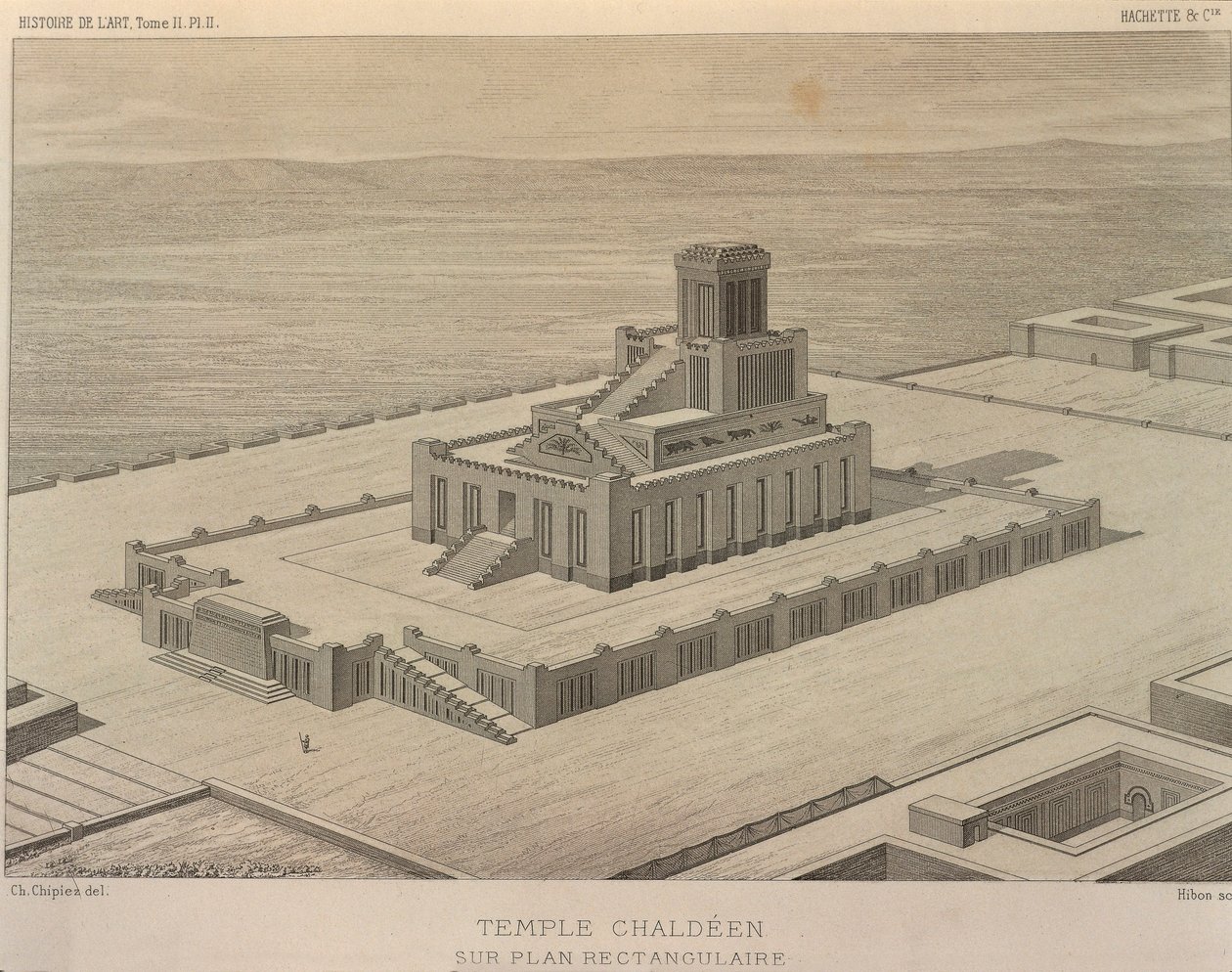 Rekonstruktion av ett kaldeiskt tempel. Gravyr från Georges Perrot (1832-1914) och Charles Chipiez (1835-1901), Histoire de l