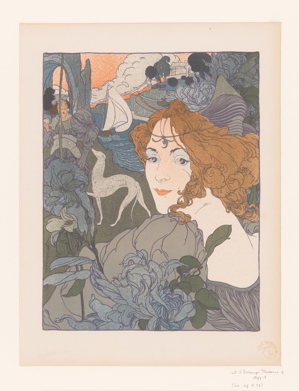 Dam med adelsman och vinthund vid en flod Le återvända av Georges de Feure