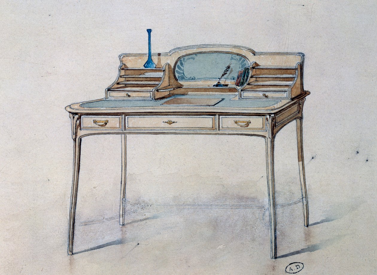 Ritning till ett damskrivbord i jugendstil för Bing Atelier (Art Nouveau Workshop), ca 1900 (akvarell och penna) av Georges de Feure
