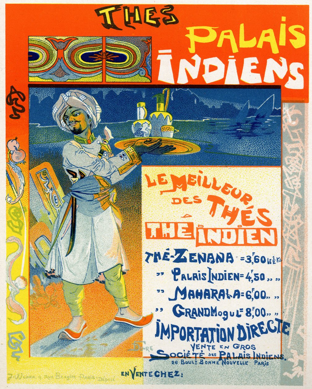 Reproduktion av en affisch med reklam för "Teas from the Indian Palaces" för en tebutik i Paris, Frankrike, ca 1890 (litho i färg) av Georges de Feure