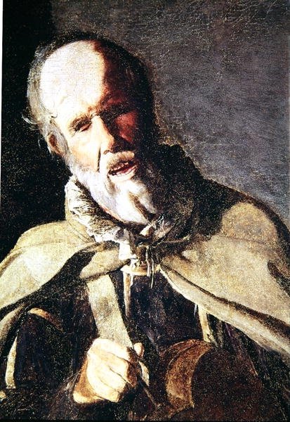 Hurdy Gurdy-spelaren med sin hund, detalj av huvudet, 1620-talet av Georges de La Tour