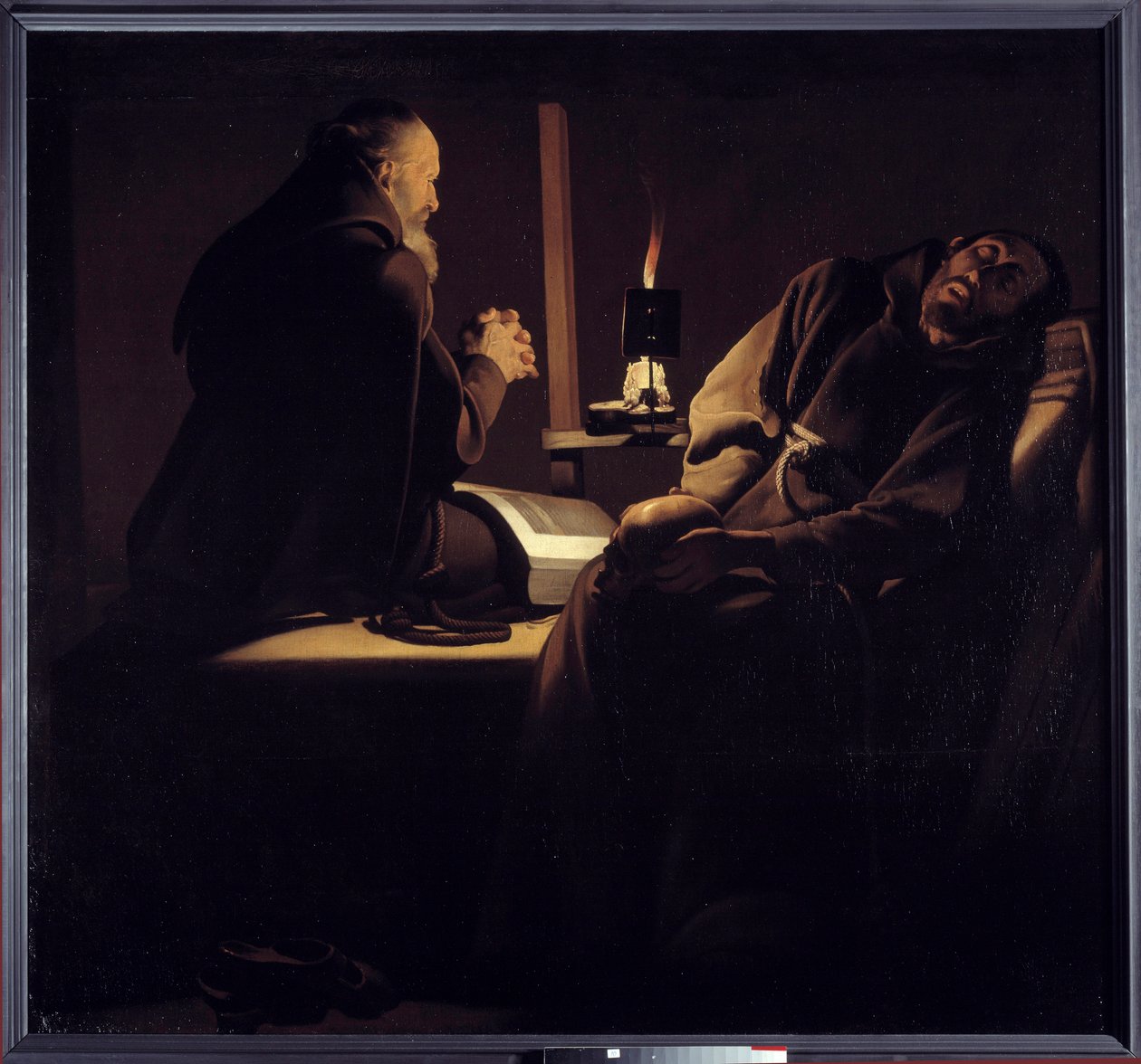 Extasen av Saint Francois kallas också en munk i bön nära en döende munk eller de två munkarna. Målning (Vanite) av Georges de La Tour (1593-1652) av Georges de la (after) Tour