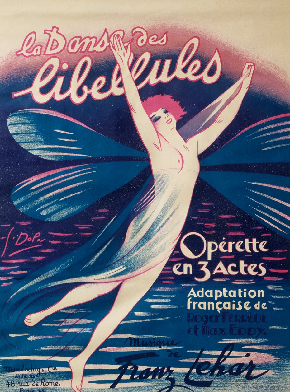 Affisch för Dance of Dragonflies, operett, fransk bearbetning av Roger Ferreol och Max Eddy, musik av Franz Lehar, Max Eschig Publishing, Paris av Georges pseudonym of Edmond Vernier Dola