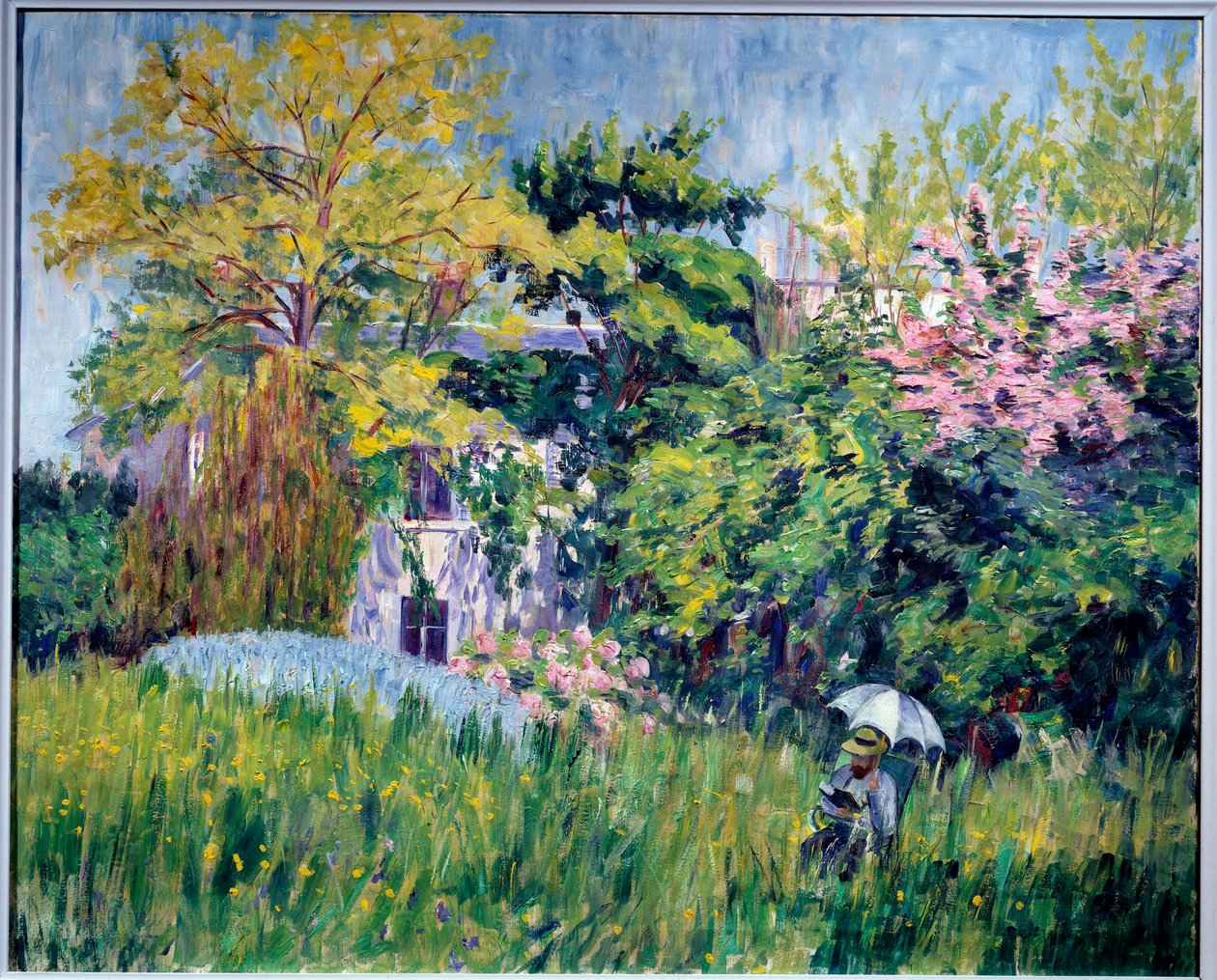 Bonnieres trädgård En läsare har under ett paraply i högt gräs. Målning av Georgette Agutte (1867-1922) 1909-1910. Olja på duk, 81 x 100 cm. Grenoble, musee des Beaux Arts - Trädgården på Bonnieres. En läsare under ett paraply i det höga gräset. Pa av Georgette Agutte