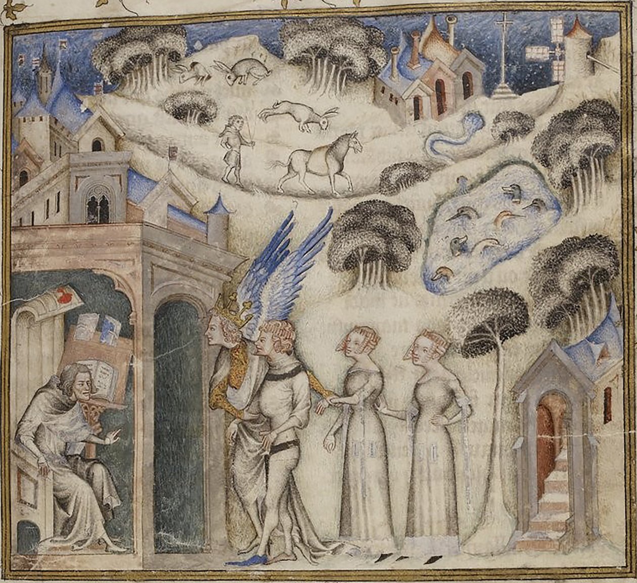Amour leder sina barn Sweet Thought, Pleasure och Hope till Guillaume de Machaut, av Jean de Sy