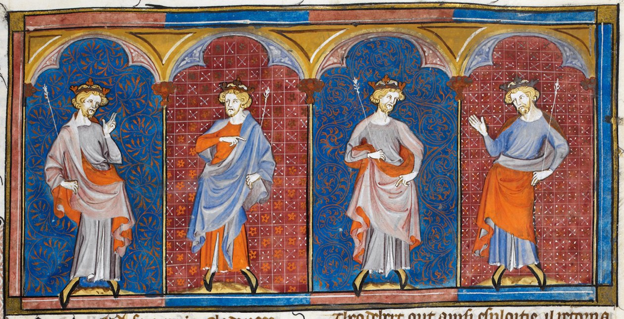 Clodomire, Childebert, Theodoric och Clothaire, från Chroniques de France ou de St Denis, 1300-talet (22093692824) av Georgia Levan Ramishvili from Tbilisi
