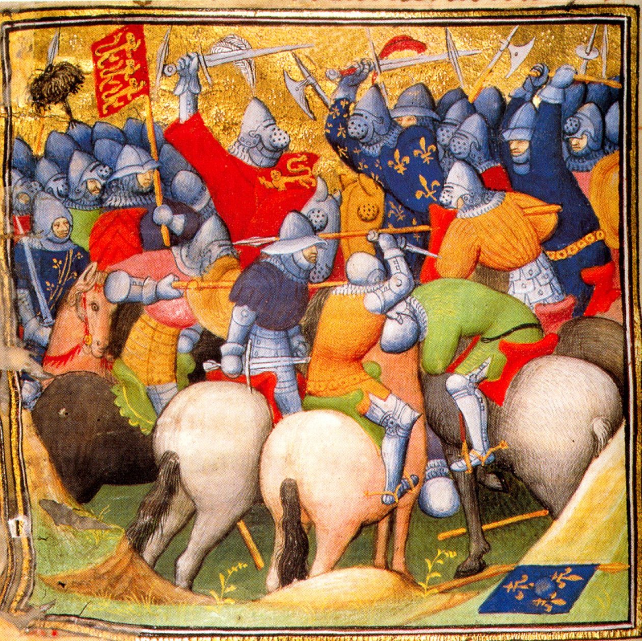 Engelsmän i strid mot franska riddare i slaget vid Crécy 1346, Grandes Chroniques de France, 1415 (26228020225) av Georgia Levan Ramishvili from Tbilisi