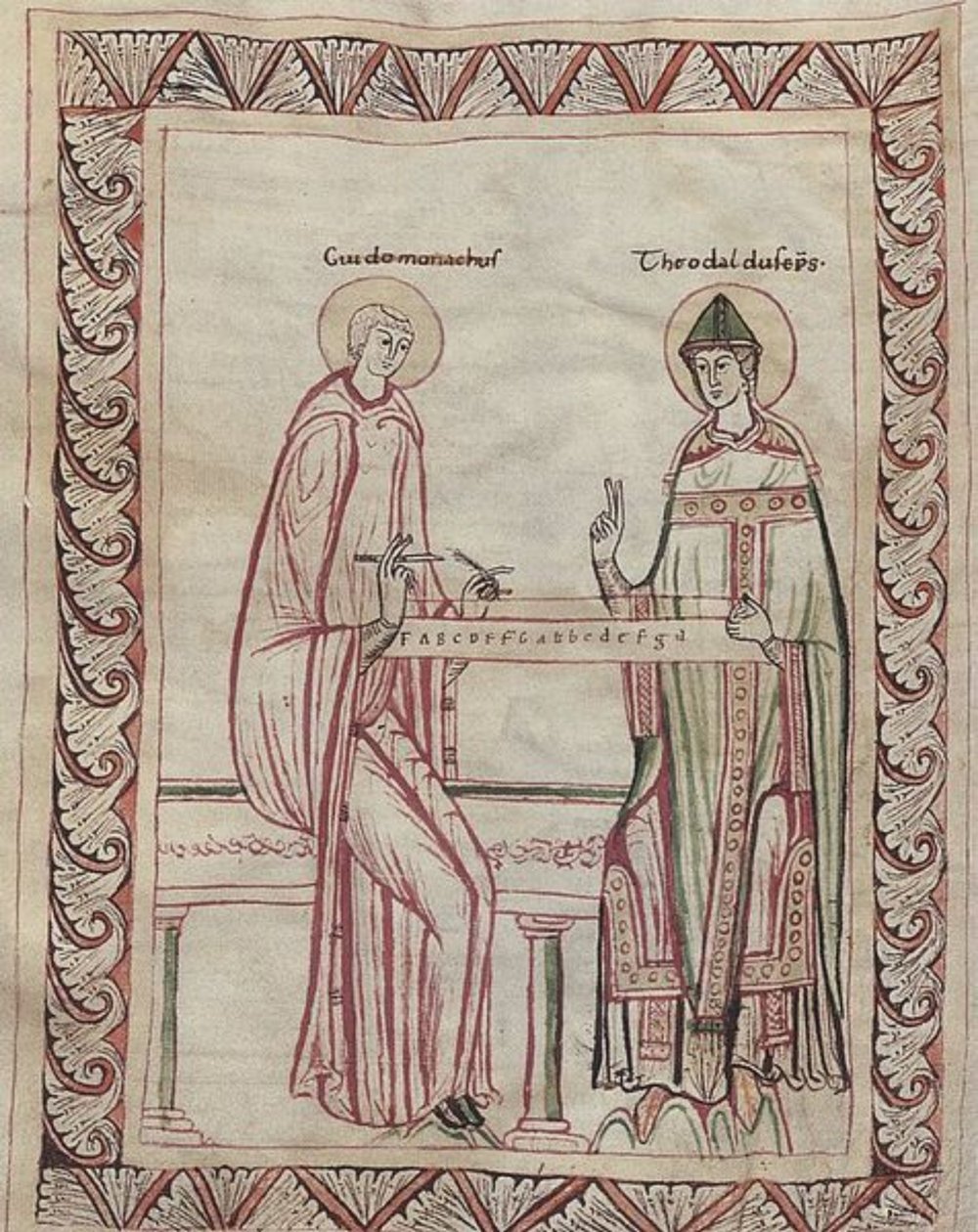 Guido av Arezzo och biskop Tedald arbetar med monokord, miniatyr från 1000-talet (21954743795) av Georgia Levan Ramishvili from Tbilisi
