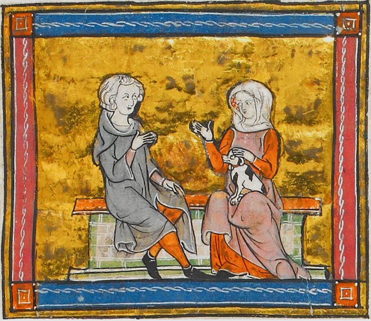 Lancelot i samtal med en dam som håller i en liten svartvit hund, från Morte Artu, ca 1315-1325 (41067329535) av Georgia Levan Ramishvili from Tbilisi