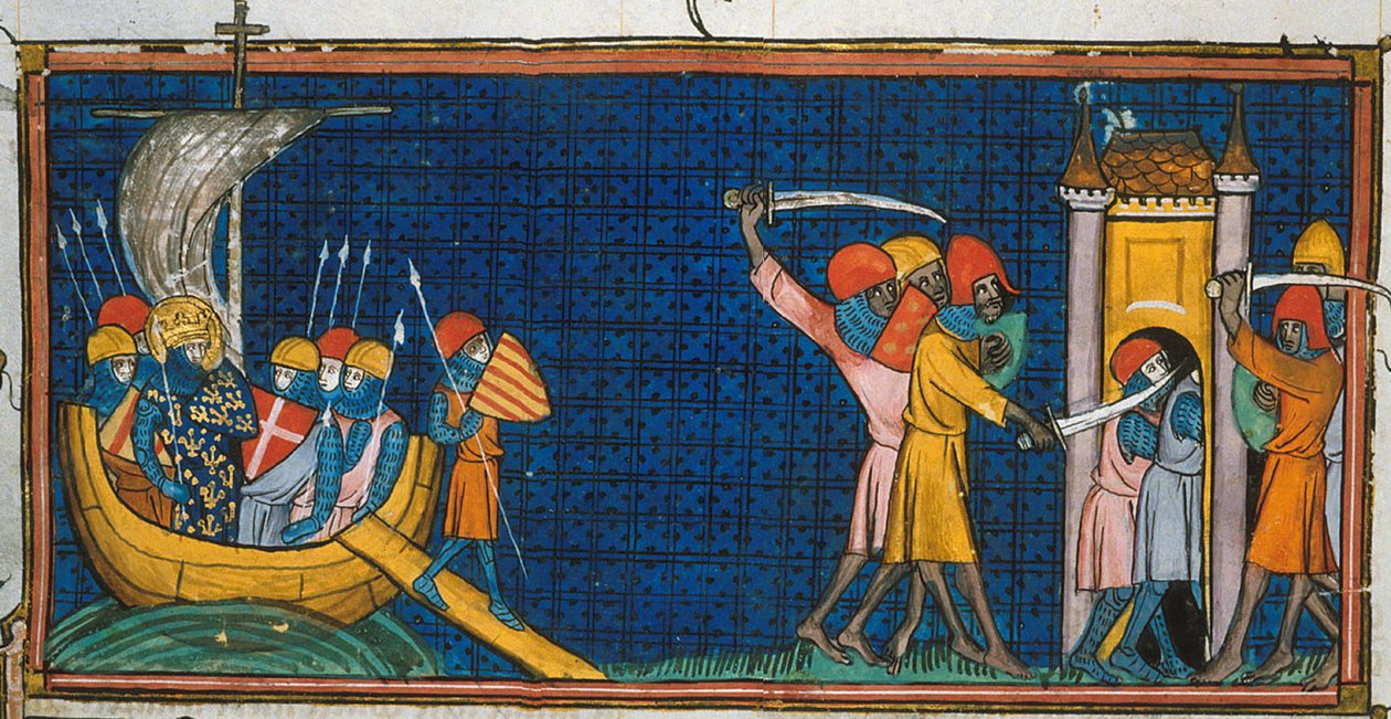 Ludvig IX landstiger i Tunis, och fransmännen blir avskurna av saracener i tornet, från Chroniques de France ou de St Denis, 1300-talet (22528512660) av Georgia Levan Ramishvili from Tbilisi