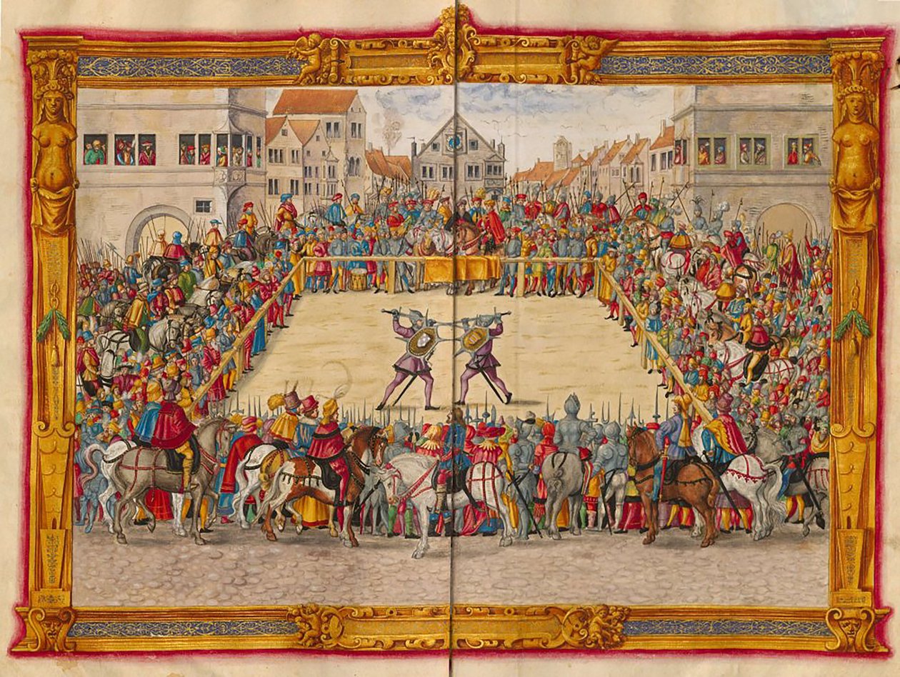 Marskalk Wilhelm von Dornsberg och Theodor Haschenacker duellerar på vinmarknaden i Augsburg, ur Fechtbucher av Jörg Breu d.y., ca 1544 (48108343966) av Georgia Levan Ramishvili from Tbilisi