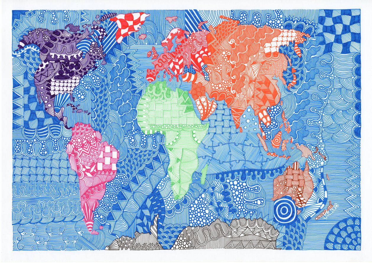 Map of the World, 2015 (tusch på bristolkartong) av Georgina Naisbitt