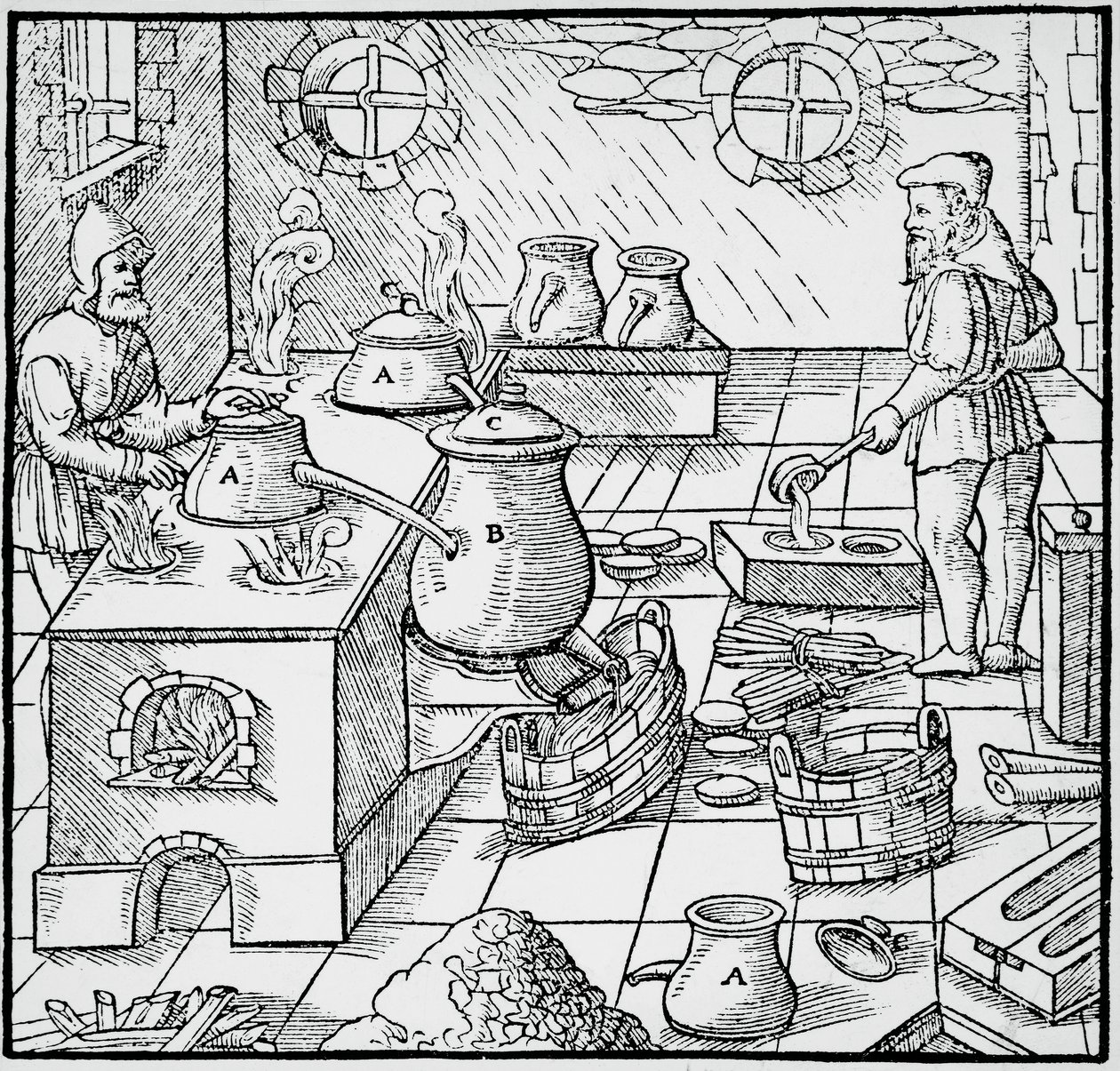 Gravyr från De re metallica (Om metallernas natur), av Georg Pawer eller Georgius Agricola (1494-1555), publicerad i Basel av Georgius Agricola