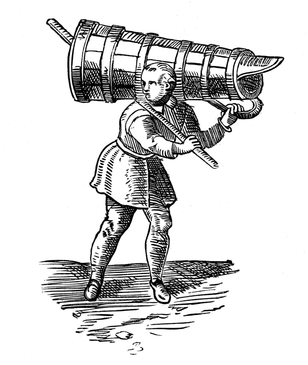 En lärling, bärande ett träkärl lika högt som han själv, på väg för att hämta vatten, 1572 av Georgius Braun