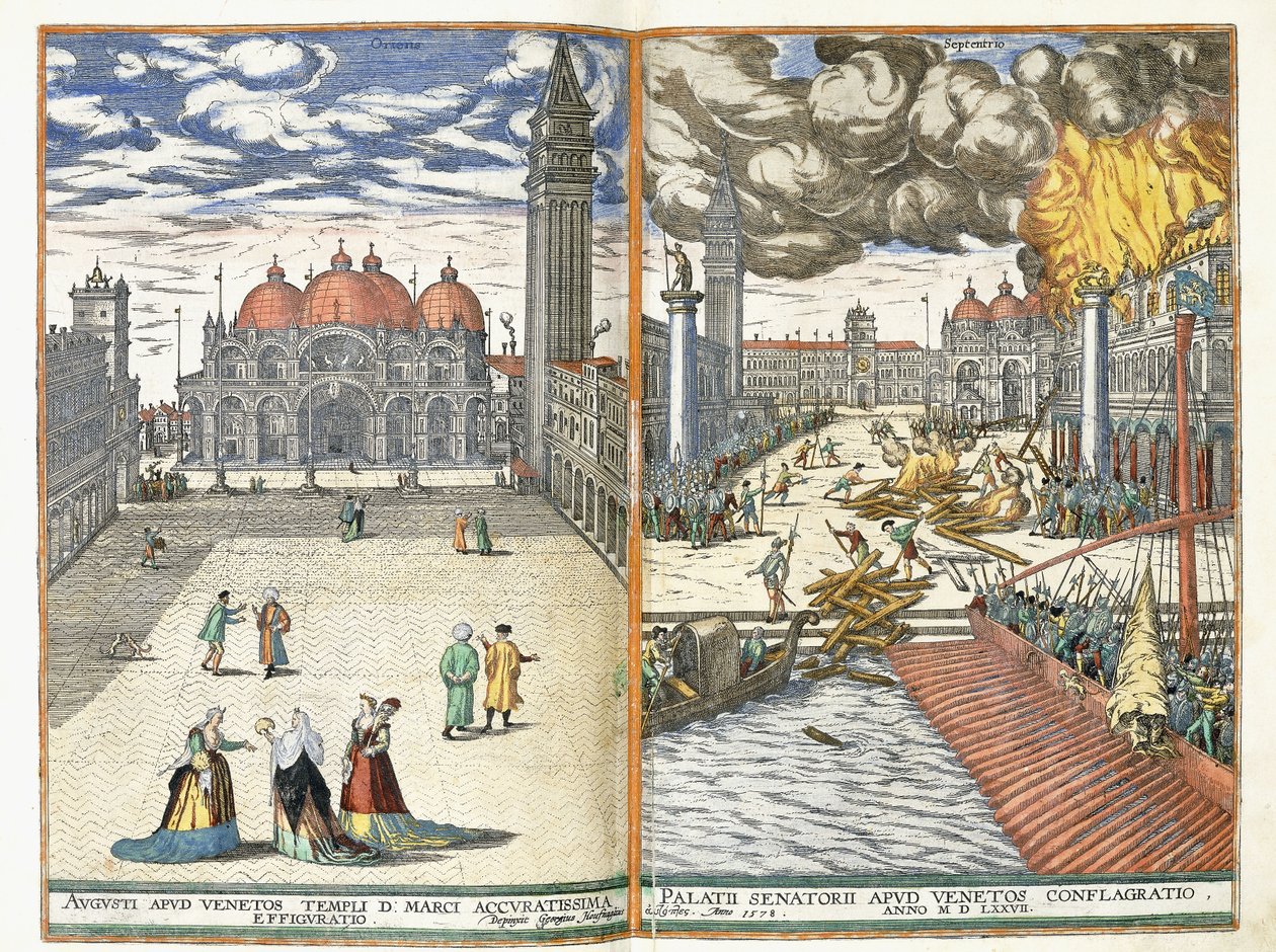 Piazza San Marco och The Conflagration of the Palazzo Senatorii, c.1577-8 av Georgius Housnaglius