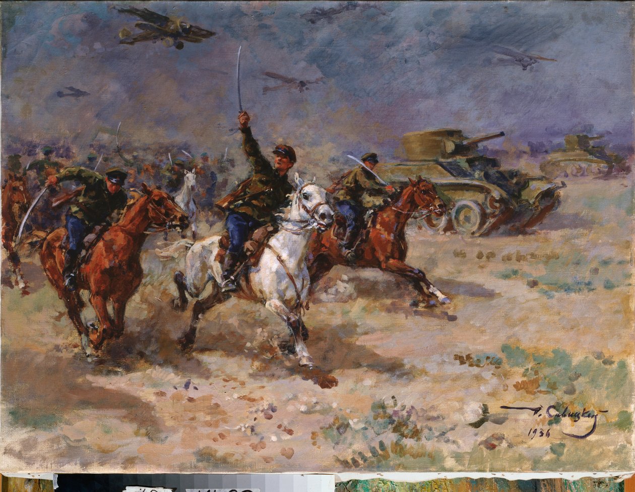 Attack (Röda arméns tankar och kavalleri under oktoberrevolutionen) - Attack - Målning av George (Georgy, Georgi) Konstantinovich Savitsky (1887-1949), olja på duk av Georgiy Konstantinovich Savitsky
